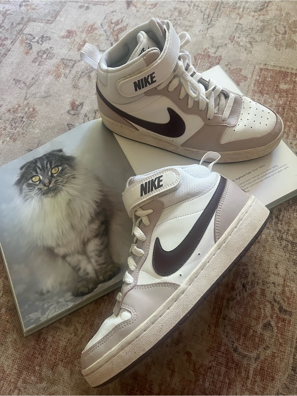 Nike High-Top Sneakers in White and Taupe with Dark Brown Swoosh